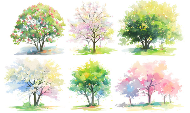 collection of tree , soft watercolor painting style, Generative AI 