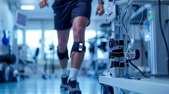 Athlete undergoing physical therapy with modern equipment sports medicine