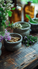 Close up of herbal medicine and mortar natural health remedies