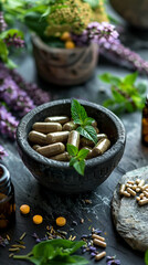 Close up of herbal medicine and mortar natural health remedies - obrazy, fototapety, plakaty