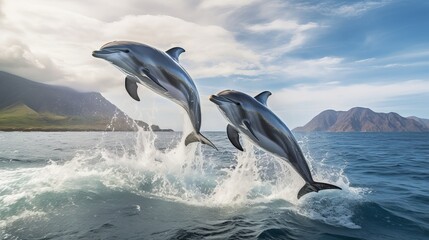 A pair of beautiful dolphins jumping over breaking waves. Hawaii Pacific Ocean wildlife scenery. Marine animals in natural habitat - obrazy, fototapety, plakaty