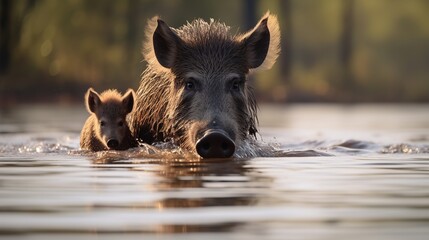 A wild boar with its young foraging along the waters edge in a natural habitat showcasing the tender side of wildlife