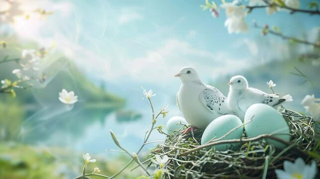 white dove with blue eggs easter egg dove celebrate easter in their nest with animater lofy cloudy smoke background and lake in blue color