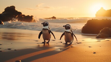 African penguins on the sandy coast in sunset. Red sky. African penguin ( Spheniscus demersus) also known as the jackass penguin and black-footed penguin.Cape Town. South Africa - obrazy, fototapety, plakaty