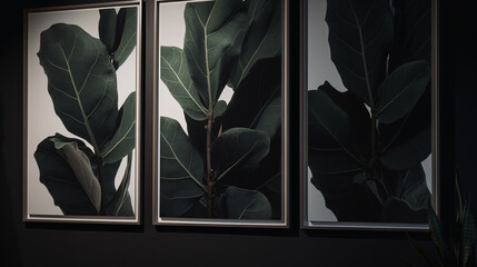 hyper-realistic images of a Fiddle Leaf Fig canopy bathed in soft ambient light. Frame the composition to highlight the graceful arrangement of foliage, adding a cinematic touch to the botanical scene