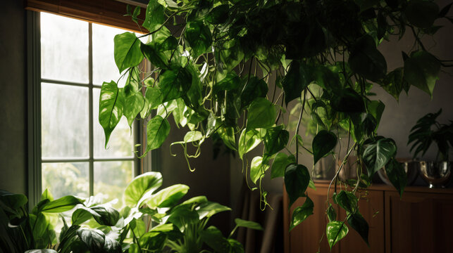 hyper-realistic images of a Pothos canopy bathed in soft ambient light. Frame the composition to highlight the play of light and shadow on the elegantly arranged foliage, adding a cinematic touch to t