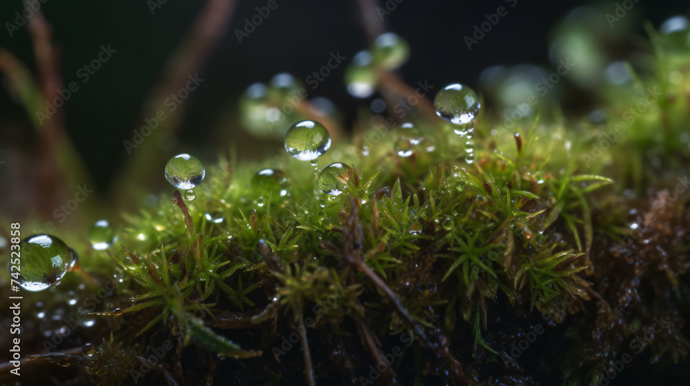 Aufkleber hyper-realistic macro images featuring dewdrops on moss-covered surfaces. frame the composition to h