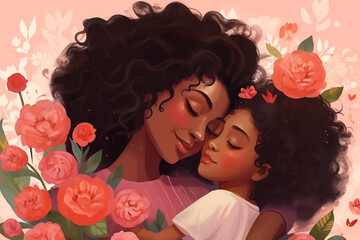 Illustration of African-american mother and child hugging together with flowers, mothers day concept