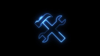 Neon glowing blue tools icon animation in black background