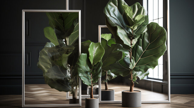 hyper-realistic images of a Fiddle Leaf Fig canopy bathed in soft ambient light. Frame the composition to highlight the graceful arrangement of foliage, adding a cinematic touch to the botanical scene