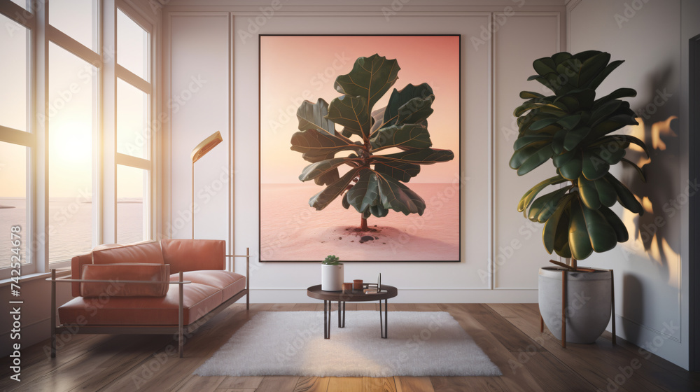 Poster hyper-realistic images of fiddle leaf fig against the backdrop of a vibrant sunset in a contemporary