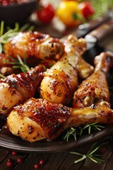 Golden roasted chicken legs seasoned with rosemary and spices, served on a white plate, perfect for a hearty meal