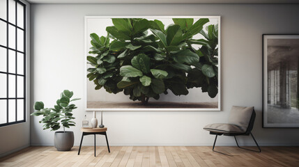 hyper-realistic images of a Fiddle Leaf Fig grove arranged in an artistic studio. Frame the composition to capture the simplicity and beauty of Fiddle Leaf Fig, creating a tranquil and cinematic atmos