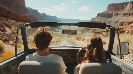 couple driving a car at a canyon site. nature and relaxation of mind. couple taking a scenic road trip - Powered by Adobe