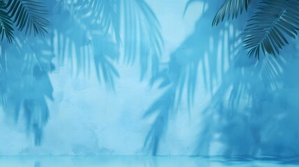 Empty palm shadow blue color texture pattern cement wall background. Used for presentation business nature organic cosmetic products for sale shop online. Summer tropical beach with minimal concept - obrazy, fototapety, plakaty
