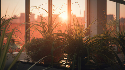 hyper-realistic images of Spider Plants against the backdrop of a vibrant sunset in a contemporary space. Frame the composition to showcase the warm hues of the setting sun, creating a cinematic and p - obrazy, fototapety, plakaty