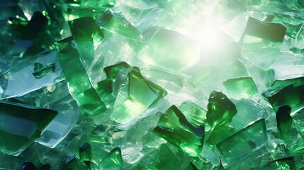 Background many recycle pieces of broken glass in green sun light
