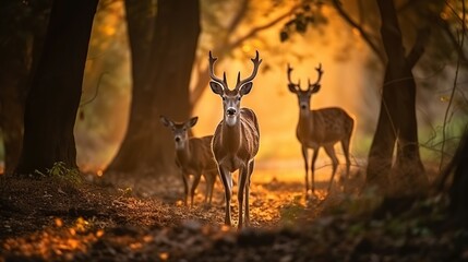 Barasingha deer in the nature habitat in India. Beautiful and big deers in the dark forest. Indian wildlife and very rare animals. Barasinga deers