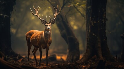 Barasingha deer in the nature habitat in India. Beautiful and big deers in the dark forest. Indian wildlife and very rare animals. Barasinga deers - obrazy, fototapety, plakaty