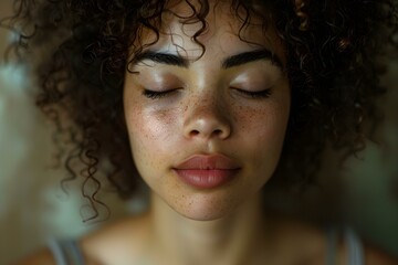 Relaxed young woman peacefully meditating with eyes closed deep in mindfulness. Concept Meditation, Relaxation, Mindfulness, Peaceful, Young Woman