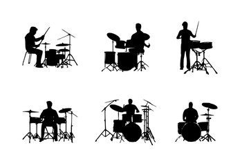 set of drummer silhouettes on isolated background