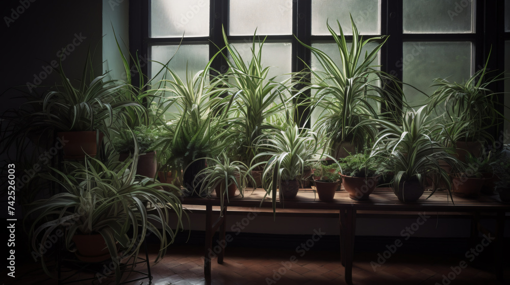 Poster hyper-realistic images of a spider plant grove arranged in an artistic studio. frame the composition