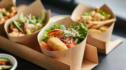 
Close-up shot of eco-friendly containers filled with delicious takeaway food, highlighting sustainable dining options for environmentally conscious consumers