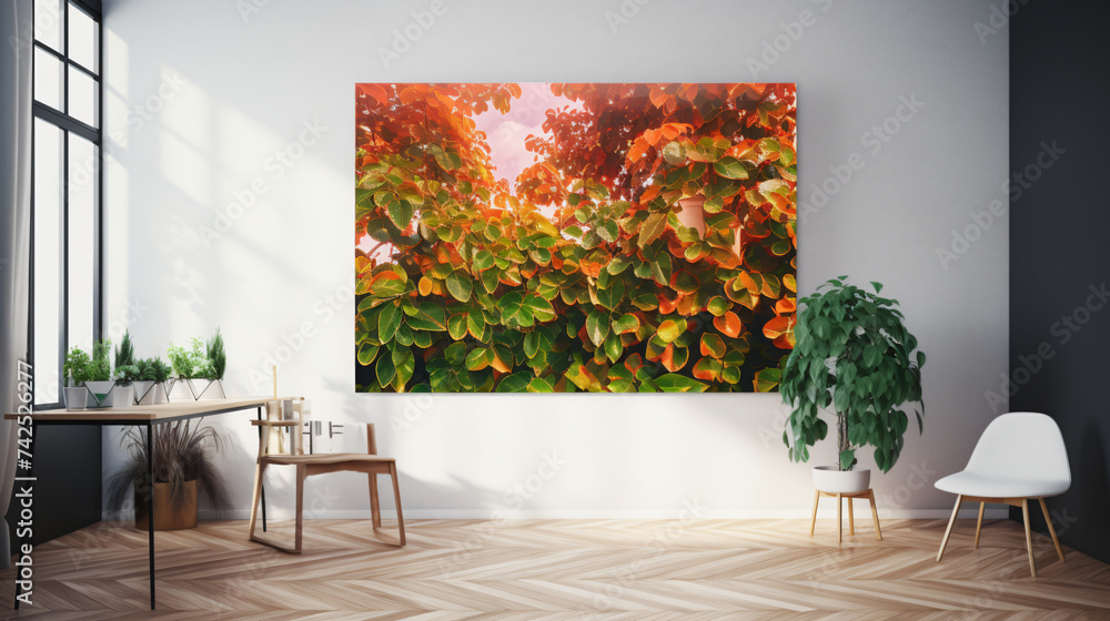 Poster hyper-realistic images of pothos vines against the backdrop of a vibrant sunset in a contemporary sp