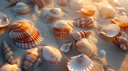 seashells on seashore-beach holiday background, generative ai