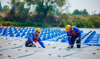 Engineers inspect the structural stability and alignment of floating solar panel arrays as QC work.