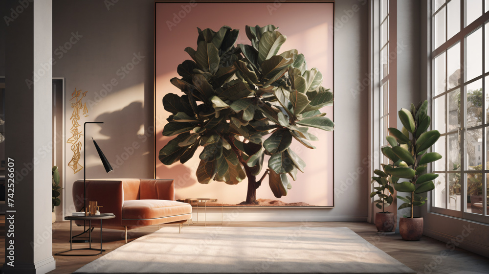 Poster hyper-realistic images of fiddle leaf fig against the backdrop of a vibrant sunset in a contemporary