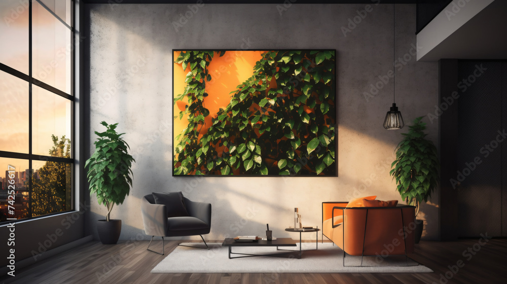 Poster hyper-realistic images of pothos vines against the backdrop of a vibrant sunset in a contemporary sp