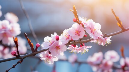Beautiful flowering Japanese cherry - Sakura. Background with flowers on a spring day.