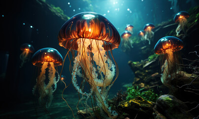 Fototapeta na wymiar Transparent jellyfish plays with light reflecting underwater. marine life