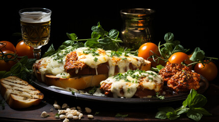 A Scrumptious and Savory Meal of Lasagna and Garlic Bread with Cheese and Basil