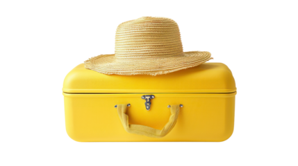 Yellow suitcase with straw hat isolated on transparent and white background.PNG image