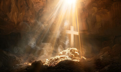 cross in a cave in the rays of sun and dust, Generative AI - obrazy, fototapety, plakaty