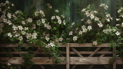 Fototapeta na wymiar Capture hyper-realistic images of Jasmine climbing a rustic trellis. Frame the composition to showcase the intertwining vines and flowers against a rustic backdrop, adding a cinematic flair to the bot