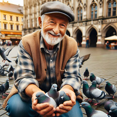 An elderly man in a city square holds pigeons in his hands