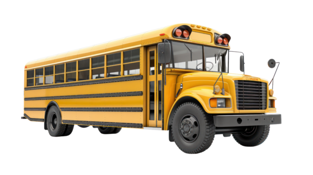 yellow school bus isolated on transparent and white background.PNG image