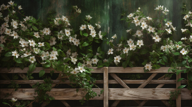 Capture hyper-realistic images of Jasmine climbing a rustic trellis. Frame the composition to showcase the intertwining vines and flowers against a rustic backdrop, adding a cinematic flair to the bot