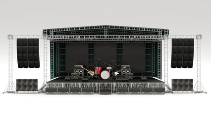 Stage for a rock concert, with metal structures and instruments, 3d rendering