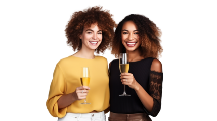 two happy friends bringing champagne isolated on transparent and white background.PNG image