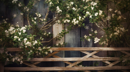 Capture hyper-realistic images of Jasmine climbing a rustic trellis. Frame the composition to showcase the intertwining vines and flowers against a rustic backdrop, adding a cinematic flair to the bot