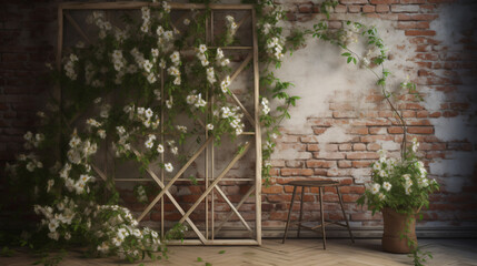 Capture hyper-realistic images of Jasmine climbing a rustic trellis. Frame the composition to...