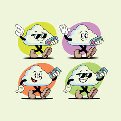 Cloud gaming mascot holding a gamepad, set of  funny Vintage cartoon characters, vector