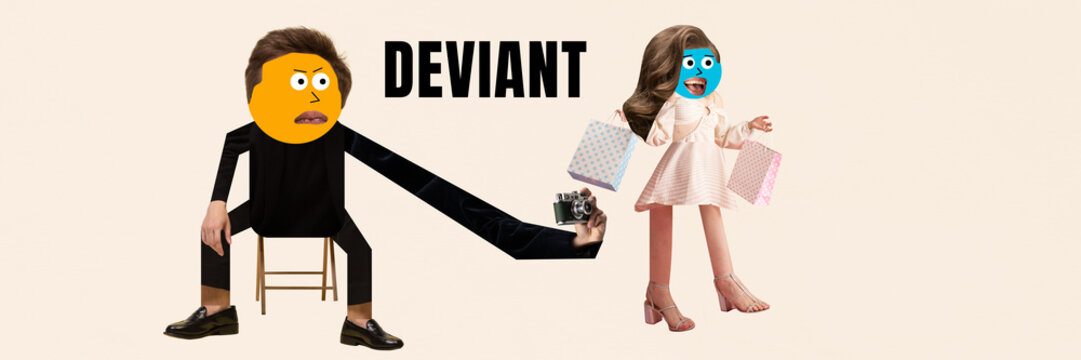 Deviant. Abstract male character taking secretly photo of woman walking with shopping bags. Contemporary surreal artwork. Concept of awareness, psychology, mental health, privacy