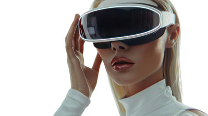 Stylish blonde in VR glasses  isolated on transparent and white background.PNG image