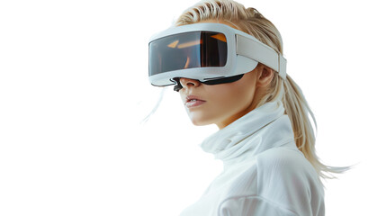 Stylish blonde in VR glasses  isolated on transparent and white background.PNG image