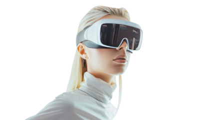 Stylish blonde in VR glasses  isolated on transparent and white background.PNG image
